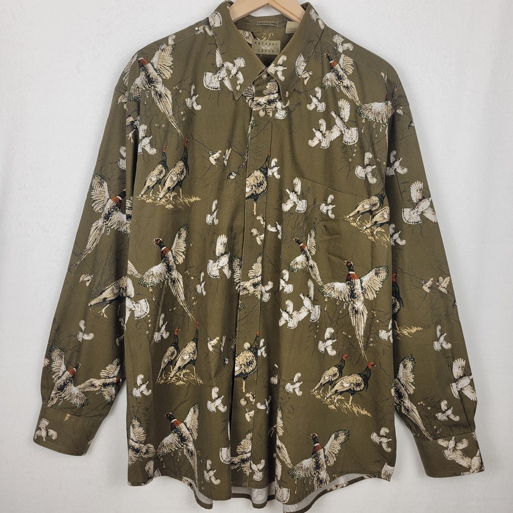 Vtg Natural Issue Pheasant Shirt XXL AOP Bird Print Olive Green Gorpcore 90s Y2K
